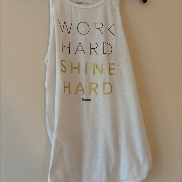 Reebok Tops - Reebok White Graphic Racerback Tank Top Women’s Small Work Hard Shine Hard